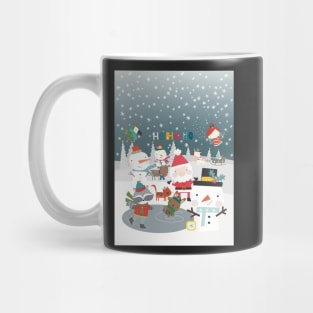 Fun greeting card with Santa and friends having a Christmas party outside Mug